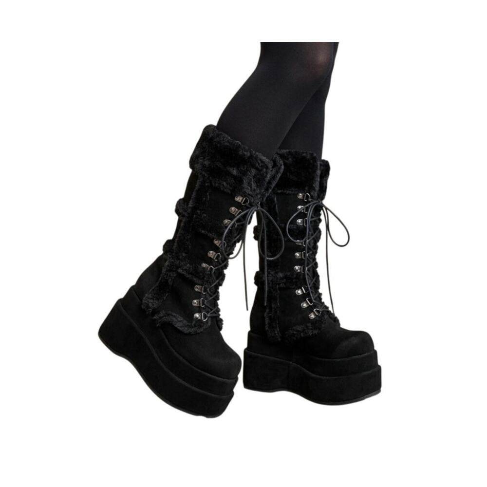 Demonia BEAR-202 Black Platform Faux Fur Cyber Goth Boots Size 6